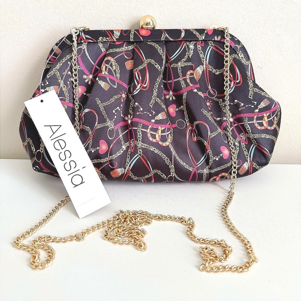 Alessia Bianchi Black Satin Equestrian Chain Print Clutch Bag Gold Chain NWT